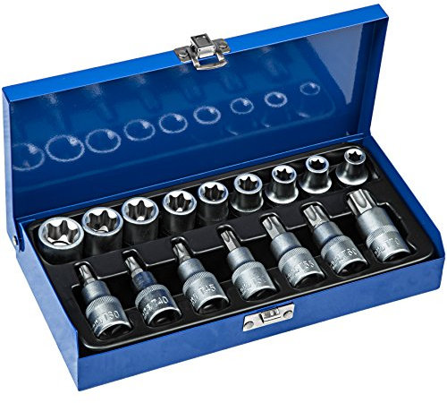 TecTake Ensemble de clé à douille embouts torx mâle female longues/courtes | Douilles avec codage et gorge à bille | Coffret stable inclus - diverses modèles (Type 6 | 16 pcs | 402071)