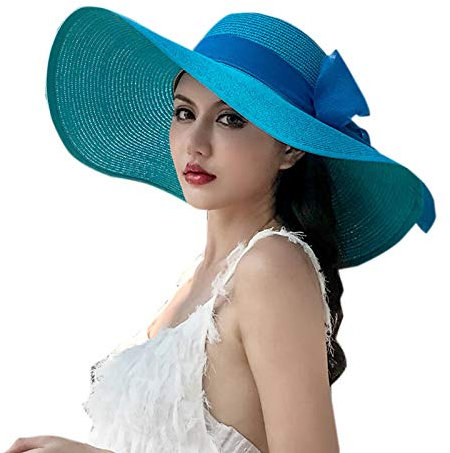 Elonglin Damen Sonnenhut Faltbarer Sommerhut UPF 50 + Strohhut Strandhut mit Breite Krempe Himmel Blau Kopfumfang 55-60cm Verstellbar
