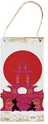 Lotusworld Panneau japonais en bois à suspendre, paysage de bataille médiévale au coucher du soleil devant le temple, culture asiatique, pour bars, 12,7 x 25,4 cm