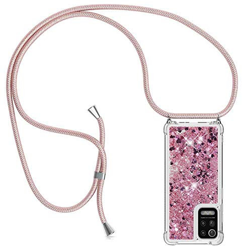 YuhooTech Handykette Hülle Kompatibel mit LG K52/K42/K62/Q52 - Quicksand Glitzer Hülle mit Band - Silikon Handyhülle mit Kordel Umhängenband - Schnur mit Treibsand Case zum Umhängen