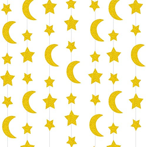 Sunshine Smile Ramadan und Eid Dekoration, Holz Mond Sterne Anhänger Ornament, Golden, Karton, Hängend, 1 Stück, 8 Teile, Ramadan und Eid al-Fitr