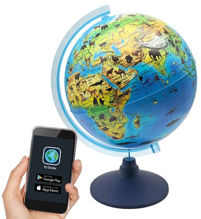 alldoro 68620 3D Globus Zoo Ø 25 cm, leuchtender Tierglobus kabellos mit LED-Lampe, Tiere, Weltkarte geographisch, App, bunt