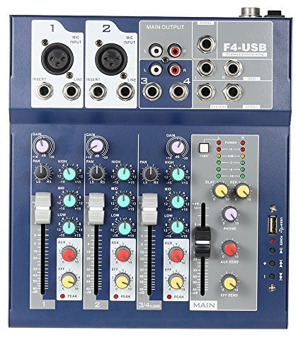 Summina Mesas de Mezclas,Consola mezcladora Metal de 4 canales en vivo, ecualizador de 3 bandas, función USB, 48V Phantom con procesador de efectos Bulit-in, entrada de micrófono