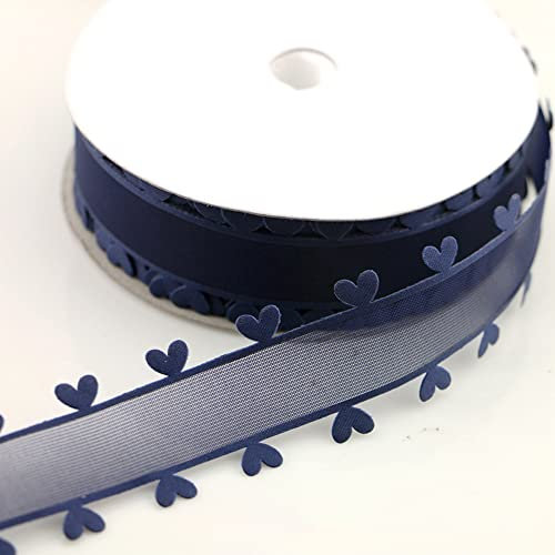25mm x 18m Herzen Organzaband Organza Bänder Geschenkband Tüllband Schleifenband Dekoband für Auto Hochzeit Deko Tischdeko Zimmerdeko,um zu machen Antennenschleifen Autoschleifen Autoschmuck,Navy blau