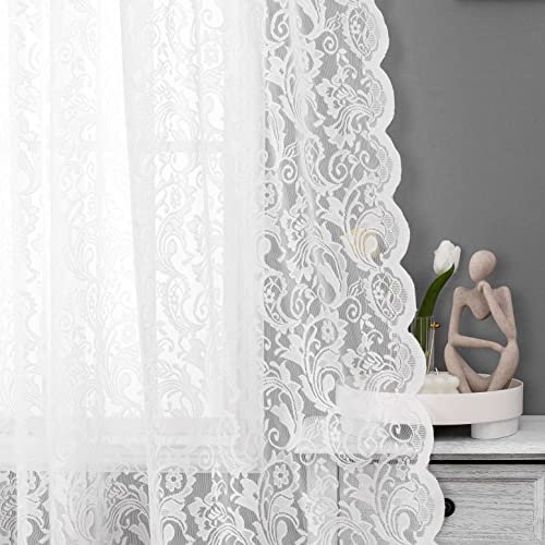 Bujasso Weiße Spitzenvorhänge 213,4 cm Vintage Floral Sheer Window Curtain Panels for Living Room Schlafzimmer Farmhouse Light Filtering White Drapes Window Treatment Sets Rod Pocket 2 Panels
