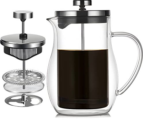 Cafetiere French Press Coffee Maker, 600ml 3 Cups Double Walled Heat Resistant Coffee Press Maker - Double Wall Insulated Borosilicate Glass Tea & Coffee Press with Stainless Steel Filter