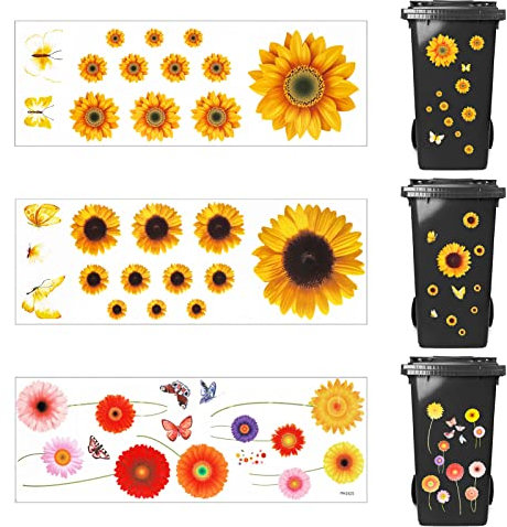 Fanshiontide 3 Sheets Wheelie Bin Stickers Flowers, Self Adhesive Sunflower Colorful Flower and Butterfly Sticker Waterproof Vinyl House Decorative Stickers Bin Labels for Cars Wall, Door, Bin, Fridge