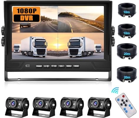 CAMECHO Cámara de Marcha Atrás Kit,9'' TFT Monitor con DVR Camara Coche Vigilancia+4 Divisiones Camaras,Impermeable Visión Nocturna Camara Trasera de Coche para Autobuses/Camiones/RV/Caravanas 12V-35V