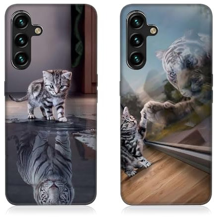 DiaryTown 2 Stück Samsung Galaxy A54 5G Hülle mit Tier Muster Motiv Handyhülle Ultra Dünn Silikon Schwarz Case Stoßfeste Schutzhülle Weich Microfiber TPU Bumper Cover für Galaxy A54 5G - Katze & Tiger