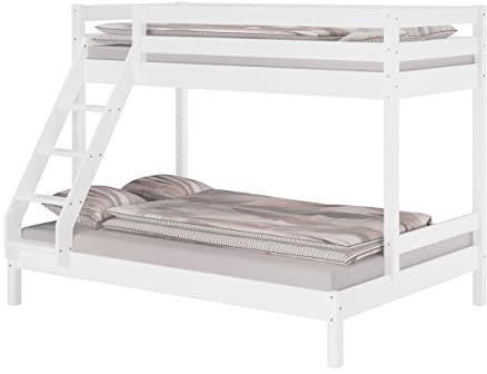 Erst-Holz®Doppel-Etagenbett 140x200 und 90x200 Erwachsenen-Stockbett Kiefer Massivholz weiß V-60.18W-09-14Rollrost und Matratze inkl.
