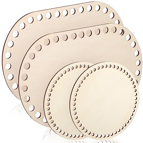 VILLCASE 4 Stück Taschenboden zum HäKeln, 2 Größen Korbboden zum Häkeln, Runder Und Ovaler Naturholzkorbboden, Blank Crochet Basket Holzbasis mit Loch für DIY Korbflechten