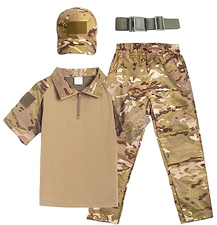QIYUANT Enfant Ensembles Tactique Camo Été Airsoft Militaire Camouflage Combat Randonnée Chasse Camping Chemises pour Garçons Fille Homme Femme (T-Shirt + Pantalon + Casquette + Ceinture, 140)