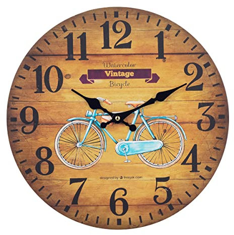 ROCKING GIFTS Runde Wanduhr aus Holz MDF Braun, Vintage Fahrrad, Retro Wanddekoration, 34 cm