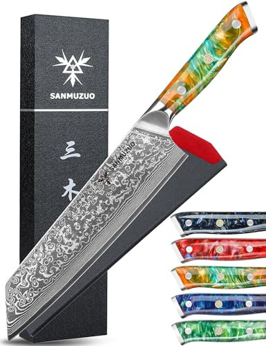 SANMUZUO Cuchillo de Kiritsuke Profesional, 22cm - serie Xuan - Cuchillo Cocinero de Cocina de Acero de Damasco con Mango de Resina (Naranja de Fantasía)