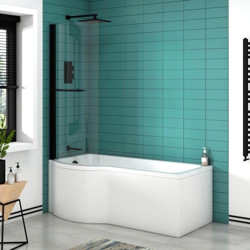 Elva 1500 x 850mm Left Hand Curved P-Shaped Shower Bath tub with Front, End Panel & Black Shower Screen