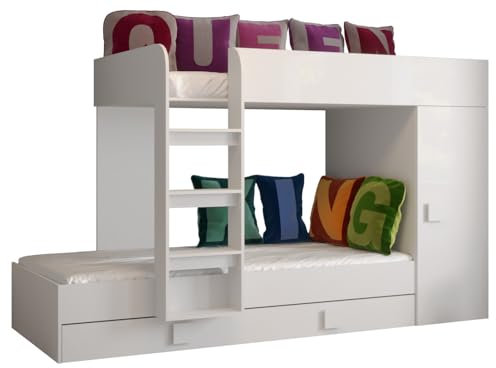 MEBLE KRYSPOL Toledo 2 Hochbett für 2 Kinder, Jugendliche Mit Stauraum - Etagenbett Mit Schreibtisch, Kleiderschrank, Regal, Schubladen, Treppe - 254x94x165 cm - Weiß