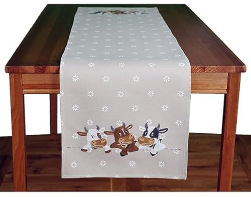 KAMACA Tischläufer Frühling Sommer Bauernhof Dekor Filigrane Stickerei Kurbelstickerei Waschbar Küche Esstisch Tisch Dekoration (40x140cm Lustige Kühe)