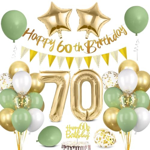 70 Geburtstag Deko für Mann und Frau - Luftballon Grün Gold, Happy Birthday Banner, Wimpelkette, Folienballon Zahl 70, Cake Topper für Party Dekoration