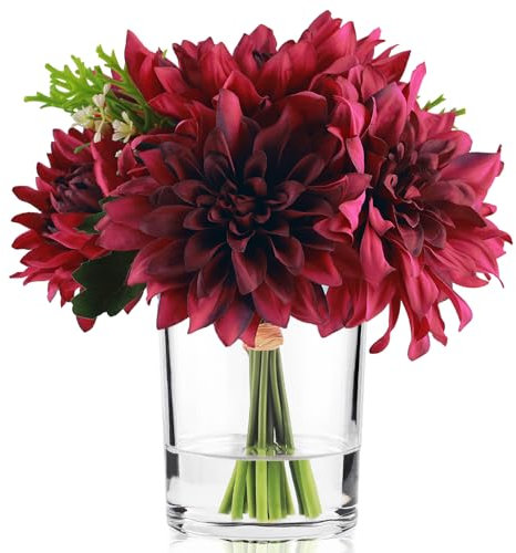 WELL KNOWN Dahlia Artificial Flowers in Vase, Silk Faux Flower Arrangements in Vase with Faux Water for Dining Table Centerpieces, Home Decor (Fuchsia)