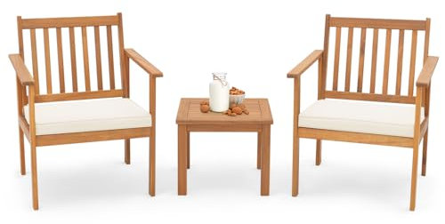 COSTWAY 3tlg. Terrassenmöbel-Set Akazienholz, 2 Gartenstühle mit Kissen und Kaffeetisch, Bistroset Sitzgarnitur für Veranda, Hof, Balkon & Poolbereich (61 x 61 x 79)