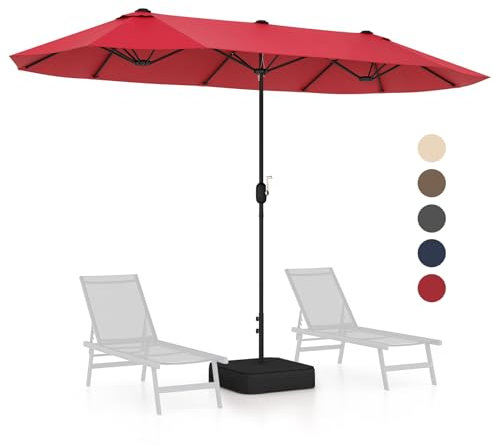 GOPLUS Doppelsonnenschirm 400 x 200 cm, Sonnenschirm mit Ständer, UV 50+, Balkonschirm groß, Gartenshirm mit Kurbel & 12 Rippen, Marktschirm Tischschirm (Weinrot,400 x 200 cm-Mit LED)