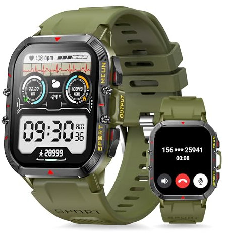 Aoekne Smartwatch Herren Militär mit Telefonfunktion, 1.96'' Fitnessuhr mit 100+ Sportmodi Herzfrequenz SpO2 Schlafmonitor Schrittzähler Wasserdicht Smartwatch für iOS Android (Schwarz)