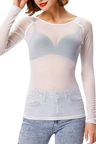 STAR FASHION Sheer Mesh Top Long Sleeve See Through T Shirt Tops for Womens Ladies Stretchy Round Neck Tee T-Shirts White-ML