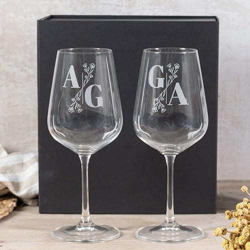 Wanapix | Pack 2 Copas de Vino Personalizadas | Estuche de Regalo Incluido | Copa de Cristal Grabada para Vino | Con Nombre o Texto | Pack de Copas de Cristal | Iniciales