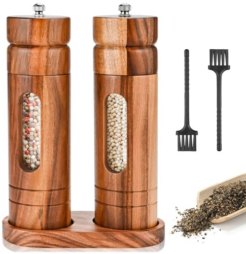 Herboom Salz und Pfeffermühle Holz 2er Set mit Untersetzer, Reinigungsbürste, Manuelle Keramikmahlwerk Salzmühle Gewürzmühlen, für Pfeffer Salz Gewürze