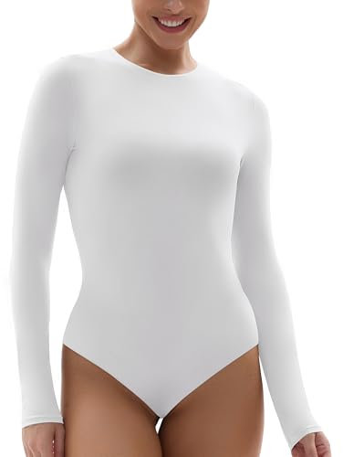 SHAPERX Bodysuit for Women Long Sleeve High Stretch Leotard Top Thong Jumpsuit Crew Neck Fits Everybody, UK-SZ5242-2-White-L