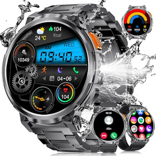 Montre Connectée Homme avec Torche LED, 1,85'' HD Grand Écran 730mAh Montre Connectée avec Appels Bluetooth, IP68 Étanche Smartwatch avec 24/7 Fréquence Cardiaque, SpO2 pour Android iOS, 3 Bracelets