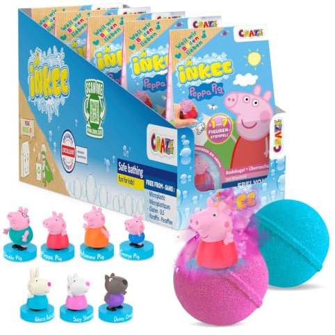 INKEE 5x Peppa Pig Badekugeln Kinder - Badebomben mit Überraschung | Peppa Wutz Badezusatz Set mit Erdbeere Duft - Inklusive Stempel als Spielzeug - Hautschonend und Ohne Mikroplastik