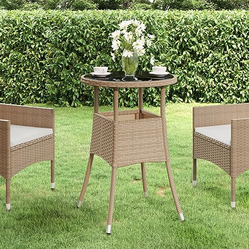 Homgoday Gartentisch Ø 60 x 75 cm gehärtetes Glas und Polyrattan beige, Gartentisch, Küchentisch