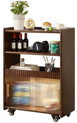 uotmui Tablero Lateral Aparador móvil de Madera Maciza, Mueble de Almacenamiento for salón, Color Nogal, con Puerta de Cristal Gabinete De Almacenamiento del Aparador