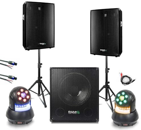 Ibiza - Pack Sono 1400 W Total - 2 altavoces 300 W DISCO8B - Subwoofer SUB15A - 2 Lyres Wash 30 W - Fiesta DJ Noche Club Bar