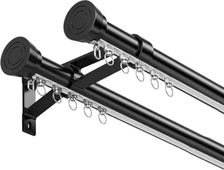 Doppel Gardinenstange Set für Erker Heavy Duty Schwarz Aluminiumlegierung Stange mit Wandmontage 180cm Track Halterungen und Armaturen