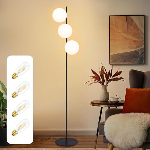ZMH Stehlampe Wohnzimmer Standleuchte Schwarz - Bodenlampe 3 Flammig Vintage mit Fußschalter Metall Design aus Weiß Glaskugel mit 4 × 4W E27 2700K Leuchtmittel Kabel 2M für Schlafzimmer Büro