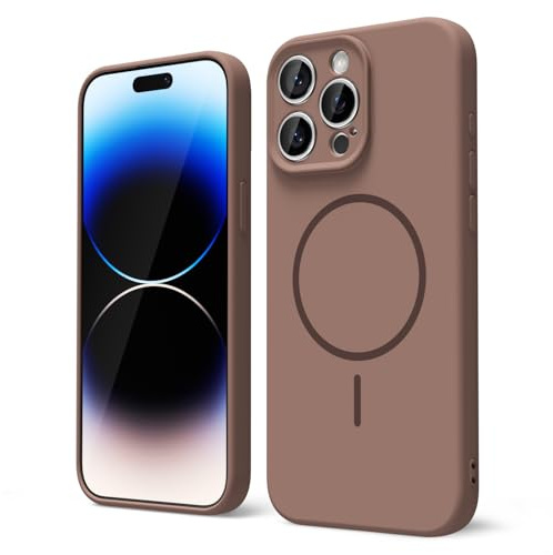 oakxco for iPhone 14 Pro Case Silicone Mag Safe, Magnetic Slim Thin Phone Case Compatible with Magsafe, Women Girls Cute Girly Aesthetic Soft Rubber Gel Safecase with Camera Cover, Brown