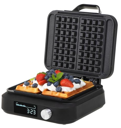 CAMRY Waffeleisen Belgische Waffel – Doppelwaffeleisen mit LCD Display – 2200W Waffelautomat – 6 Bräunungsstufen – Antihaftbeschichtung - Extra Tief-Heizplatten 17x9x2cm