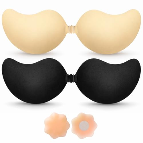 BLOOMORA Soutien-Gorge Adhésif Push Up – 2 Soutiens-Gorge Adhésifs Noir & Beige + Caches-Tétons Réutilisables - Bonnet A-D