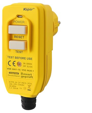 Kaper PRCD Personenschutzstecker, 16A 230V IP54, Tragbarer FI-Schutzschalter mit 30mA Auslösestrom, Wasserdicht für Baustelle, Garten, Camping und Werkstatt