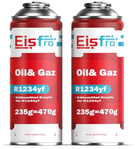 Eisfro - Gas de sustitución sustituto R1234yf para Aire Acondicionado – Recarga de Aire Acondicionado para automóviles – Gas para vehículos Desde 2016 – Kit de Recarga de Gas – 2 Botellas de 235 g