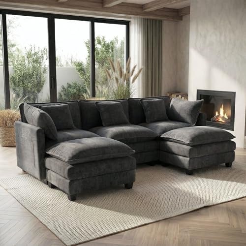GRAVFORCE Sofa mit Schlaffunktion 239 cm U Form 3 Sitzer Sofa mit 2 Hocker Couch Modulares Ecksofa Chenille Couch mit tiefer Sitz für Wohnzimmer Wohnung Büro Dunkelgrau