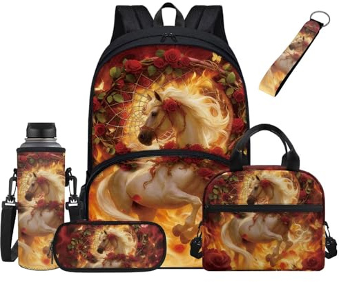Jndtueit Kinder-Rucksack-Set, Schultasche, Lunchbox, Wasserflasche, Federmäppchen, Schlüsselanhänger, 5 Stück, Horse Fire Red Rose, Tagesrucksack