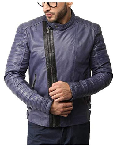 Feather Skin Giacca in Vera Pelle da Uomo, Stile Motociclista, Colore Viola, BK001 Purple Large-per Si Adatta Petto-107 cm- 109 cm