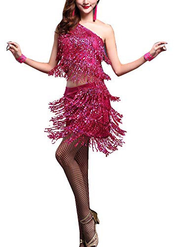 Mengmiao Donna Set di 2 Pezzi Vestito Latino da Ballo Glitter Frangia Paillettes Top E Gonne Rose XL