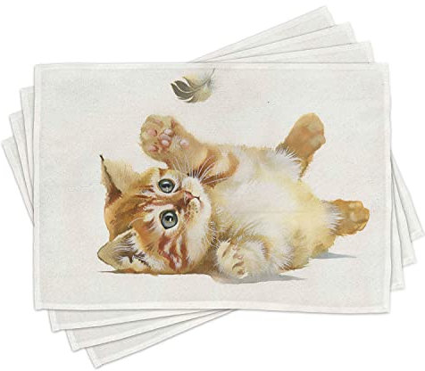 ABAKUHAUS Tier Platzmatten, Nette Katze, die mit Feder in der Aquarell-Hand gezeichneten Illustrations-Kunst spielt, Blasser Kaffee