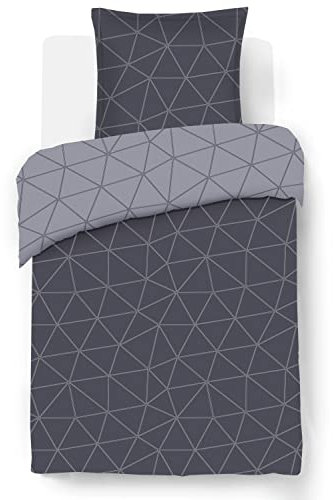 Vision - Wendebettwäsche Hugo Anthrazit – Bettbezug 140 x 200 cm mit 1 Kissenbezug für Einzelbett – 100% Baumwolle