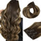 hotbanana Clip In Extensions Echthaar, Balayage Schokoladenbraun bis Karamellblond Unsichtbar Clip In Echthaar Extensions Günstig Haarverlängerung Glatt Remy Hair Extensions 35cm 120g 7 Stück