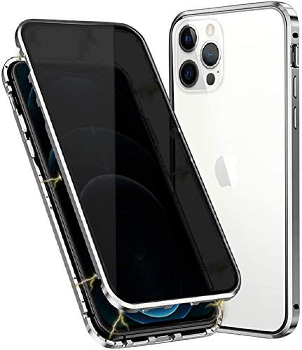 SIMao Anti-peep Magnetische Handyhülle für iPhone 12 Pro Max,360 Grad Magnetische Adsorption Metallrahmen Schutzhülle Anti-Spy Gehärtetem Glas Privacy Screen Schutz Case Anti-Spähen Flip Cover,Silber